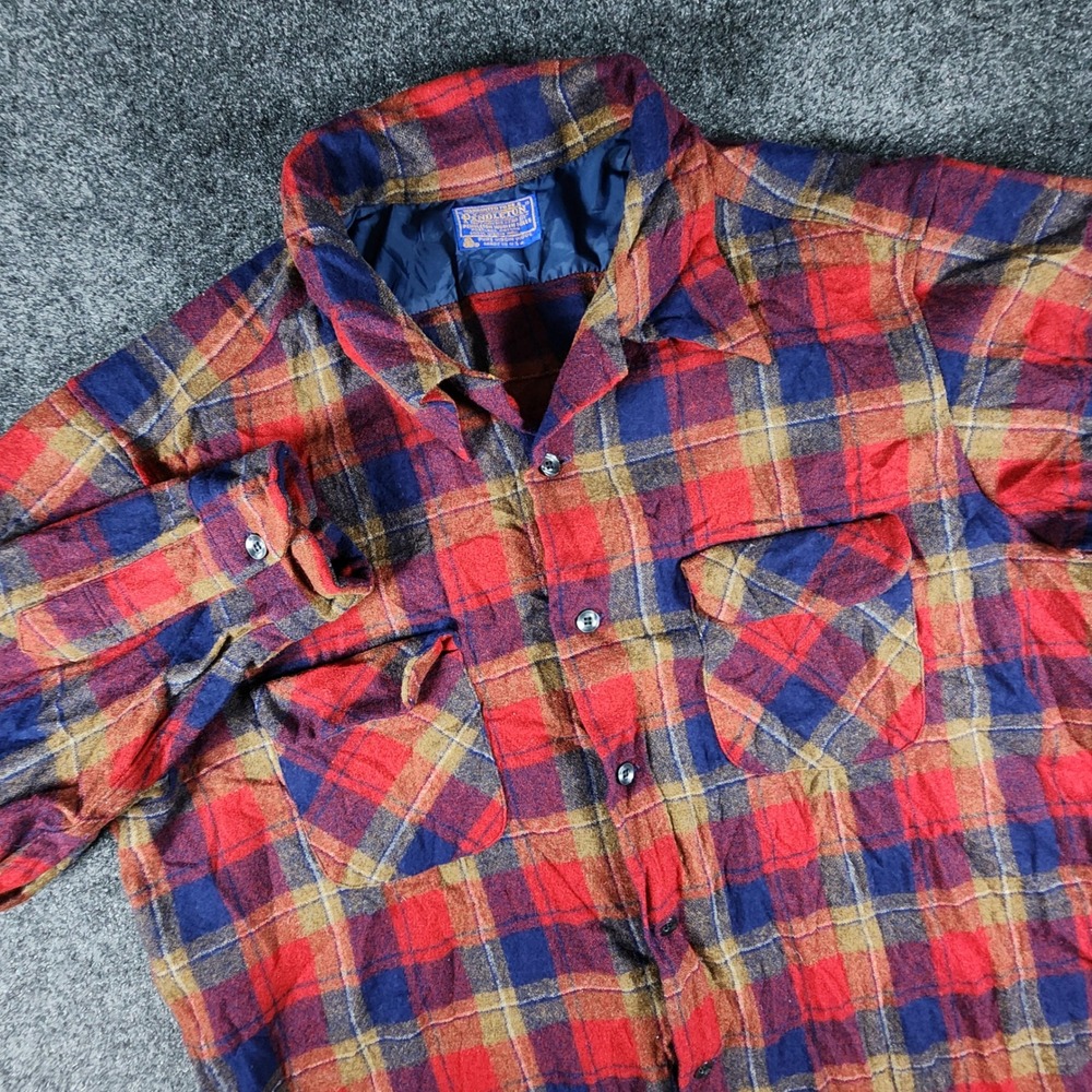 VTG 70s Pendleton Board Shirt Mens XL Red Blue Wool Flannel Loop Collar USA